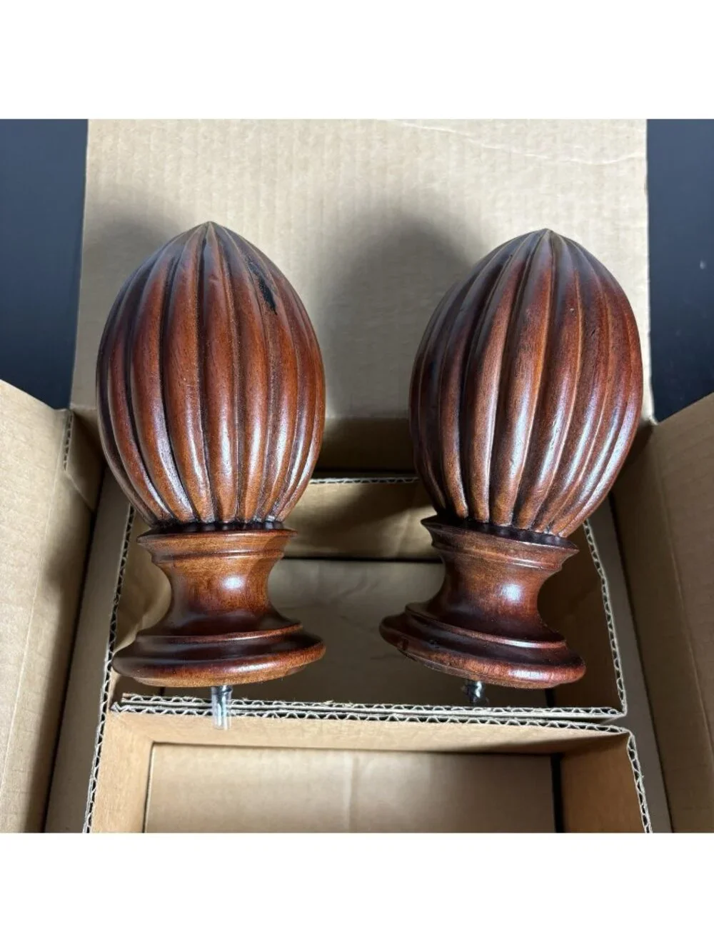 RESTORATION HARDWARE Set of 2 Large Fluted Wood Tobacco Brown Finials